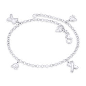 Elephant & "X" Kiss Charm on 3mm Rolo Chain Anklet in Italy .925 Sterling Silver - CLA-CHARM68-SLP