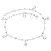 Smiley Star Charm 3mm Bead & 1.3mm Cable Chain Italy .925 Sterling Silver Anklet - CLA-CHARM96-SLP