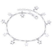 Puffed & Flat Heart Figaro Link Chain Charm Anklet in Italy .925 Sterling Silver - CLA-CHARM98-SLP