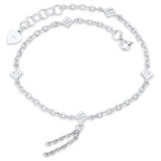 5x5mm D-Cut Square & Heart Charm & Anchor Link Chain .925 Sterling Silver Anklet - CLA-CHARM102-SLP