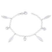19x5mm Feather, 6x6mm Puffed Heart, & 3mm Oval Cable Chain Italian Charm Bracelet in .925 Sterling Silver - CLB-CHARM62-SLP