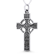 Celtic & Trinity Knot w/ Triskelion Irish Christian Cross 41x19mm (1.6x0.75in) Pendant in Oxidized .925 Sterling Silver - ST-CP061-SLO
