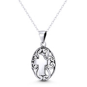 Latin Cross on Filigree Oval Charm 28x15mm (1.1x0.6in) Pendant in Oxidized .925 Sterling Silver - ST-CP068-SLO