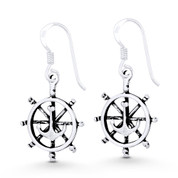 Ship's Helm / Sailor's Wheel Nautical Charm Dangling Hook Earrings in Oxidized .925 Sterling Silver - ST-DE048-SL
