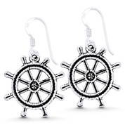 Ship's Helm / Sailor's Wheel Nautical Charm Dangling Hook Earrings in Oxidized .925 Sterling Silver - ST-DE058-SL