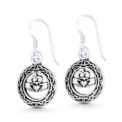 Irish Claddagh Heart & Circle Celtic Knot Charm Dangling Hook Earrings in Oxidized .925 Sterling Silver - ST-DE059-SL