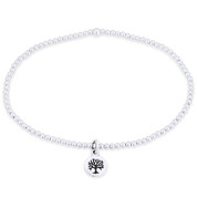 Tree-of-Life Religious Charm & Polished Ball Bead Stretch Bracelet in .925 Sterling Silver - ST-FB001-SL