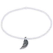 Oxidized Angel's Wing Charm & Polished Ball Bead Stretch Bracelet in .925 Sterling Silver - ST-FB002-SL