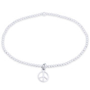 Worn-Finish Peace Sign Cutout Hippie Charm & Ball Bead Stretch Bracelet in .925 Sterling Silver - ST-FB003-SL