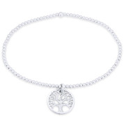Tree-of-Life Religious Charm & Polished Ball Bead Stretch Bracelet in .925 Sterling Silver - ST-FB005-SL