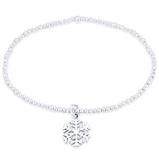 Snowflake Ice Crystal Charm & Polished Ball Bead Stretch Bracelet in .925 Sterling Silver - ST-FB006-SL