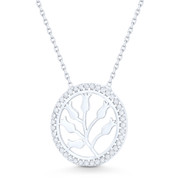 Tulip Flower Bouquet Charm & Circle Eternity CZ Crystal Pendant & Chain Necklace in .925 Sterling Silver - ST-FN024-DiaCZ-SL