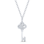 Skeleton Key Charm Trefoil Clover Bow CZ Crystal Pendant & Chain Necklace in .925 Sterling Silver - ST-FN027-DiaCZ-SL