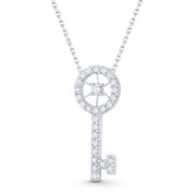 Skeleton Key Charm Circle Bow CZ Crystal Pave Pendant & Chain Necklace in .925 Sterling Silver - ST-FN028-DiaCZ-SL