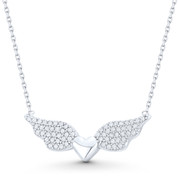 Heart w/ Angel Wing Charm CZ Crystal Charm Pendant & Chain Necklace in .925 Sterling Silver - ST-FN033-DiaCZ-SL