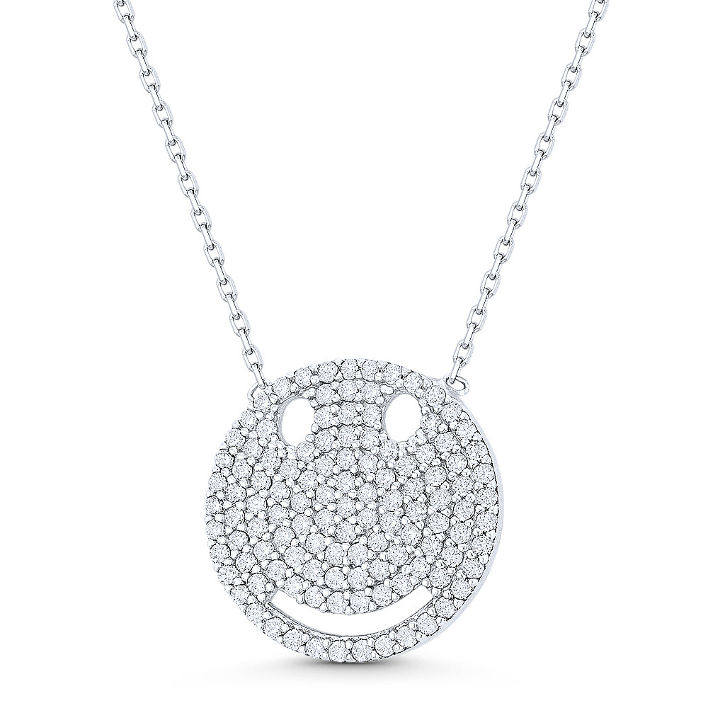 Smiley Face Emoji CZ Crystal Pave Pendant & Chain Necklace