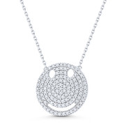 Smiley Face Emoji CZ Crystal Pave Pendant & Chain Necklace in .925 Sterling Silver - ST-FN044-DiaCZ-SL