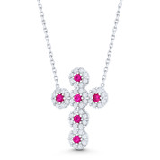 Modern Cross Red & Clear CZ Crystal Christian Charm Pendant in .925 Sterling Silver - ST-FN051-RubCZ-SL