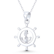 Ship's Anchor & Helm / Wheel Sailor's Luck Charm 39x29mm (1.5x1.1in) Pendant in Oxidized .925 Sterling Silver - ST-FP180-SLP