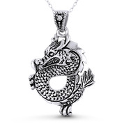 Chinese Dragon Shenlong Feng Shui Good Luck Charm 41x26mm (1.6x1in) Pendant in Oxidized .925 Sterling Silver - ST-FP182-SLO