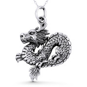 Chinese Dragon Shenlong Feng Shui Good Luck Charm 43x32mm (1.7x1.3in) Pendant in Oxidized .925 Sterling Silver - ST-FP183-SLO