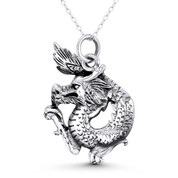 Chinese Dragon Shenlong Feng Shui Good Luck Charm 35x25mm (1.4x1in) Pendant in Oxidized .925 Sterling Silver - ST-FP186-SLO