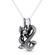 Chinese Dragon Shenlong Feng Shui Good Luck Charm 29x17mm (1.1x0.7in) Pendant in Oxidized .925 Sterling Silver - ST-FP188-SLO