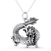 Chinese Dragon Shenlong Feng Shui Good Luck Charm 33x29mm (1.3x1.1in) Pendant in Oxidized .925 Sterling Silver - ST-FP189-SLO