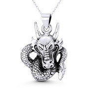 Chinese Dragon Shenlong Feng Shui Good Luck Charm 37x27mm (1.5x1.1in) Pendant in Oxidized .925 Sterling Silver - ST-FP190-SLO