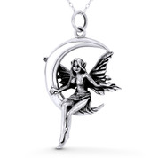 Winged Pixie / Fairy / Nymph on Crescent Moon Charm 43x25mm (1.7x1in) Pendant in Oxidized .925 Sterling Silver - ST-FP220-SLO