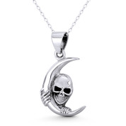 Skull / Skeleton Head on Crescent Moon Charm 30x17mm (1.2x0.7mm) Pendant in Oxidized .925 Sterling Silver - ST-FP237-SLO
