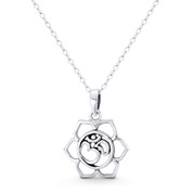Lotus Flower & Om Aum Symbol Hindu / Buddhist Charm 22x17mm (0.9x0.7in) Pendant in Oxidized .925 Sterling Silver - ST-FP256-SLO