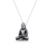 Double-Lotus Meditating Shakyamuni Buddha Buddhist / Buddhism Charm 20x14mm (0.8x0.6in) Pendant in Oxidized .925 Sterling Silver - ST-FP261-SLO