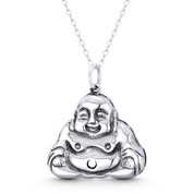 Double-Lotus Chinese "Happy Buddha" Ho Tai Buddhist / Buddhism Charm 27x25mm (1.1x1in) Pendant in Oxidized .925 Sterling Silver - ST-FP262-SLO