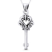 Crown & Flourished Heart Skeleton "Key to Heart" Charm 42x16mm (1.7x0.6in) Pendant in Oxidized .925 Sterling Silver - ST-FP263-SLO