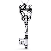 Crown, Fleur-De-Lis, & Cross Skeleton "Key to Heart" Charm 58x17mm (2.3x0.7in) Pendant in Oxidized .925 Sterling Silver - ST-FP264-SLO