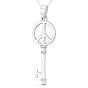 Peace Sign Skeleton "Key to Heart" Charm 51x16mm (2x0.6in) Pendant in .925 Sterling Silver - ST-FP265-SLP