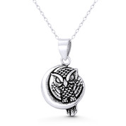 Perched Owl on Crescent Moon Charm 30x17mm (1.2x0.7in) Pendant in Oxidized .925 Sterling Silver - ST-FP282-SLO
