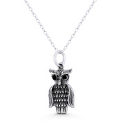 Perched Owl Bird Animal Charm & Black CZ Crystal 25x11mm (1x0.4in) Pendant in Oxidized .925 Sterling Silver - ST-FP285-OxCZ-SLO