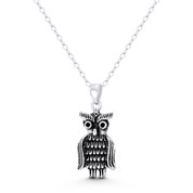 Perched Owl Bird Animal Charm & Black CZ Crystal 24x10mm (0.9x0.4in) Pendant in Oxidized .925 Sterling Silver - ST-FP286-OxCZ-SLO