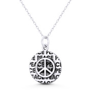 Peace Sign & Engraved Block Script Hippie Charm 25x17mm (1x0.66in) Pendant in Oxidized .925 Sterling Silver - ST-FP306-SLO