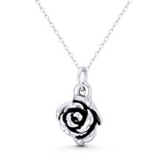 Rose Flower Charm 3D 15x14mm (0.6x0.55in) Pendant in Oxidized .925 Sterling Silver - ST-FP332-SLO