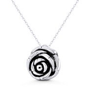 Rose Flower Charm 3D 18x20mm (0.7x0.8in) Pendant in Oxidized .925 Sterling Silver - ST-FP335-SLO