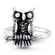 Owl Animal Charm Knowledge & Wisdom Totem Right-Hand Ring in Oxidized .925 Sterling Silver - ST-FR116-SLO