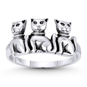 3-Cat Clowder Spirit Animal Charm Independence Totem Right-Hand Ring in Oxidized .925 Sterling Silver - ST-FR122-SLO
