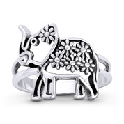 Elephant Spirit Animal & Flower Stackable Right-Hand Statement Ring in Oxidized .925 Sterling Silver - ST-FR138-SLO