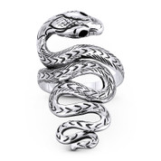 Coiled Snake / Serpent Spirit Animal Long-Charm Right-Hand Statement Gypsy Ring in Oxidized .925 Sterling Silver - ST-FR143-SLO