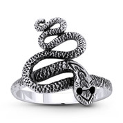 Coiled Snake / Serpent Spirit Animal Charm Right-Hand Statement Long Gypsy Ring in Oxidized .925 Sterling Silver - ST-FR148-SLO