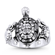 Triple Tortoise / Turtle Spirit Animal Charm Right-Hand Motherhood Ring in Oxidized .925 Sterling Silver - ST-FR150-SLO