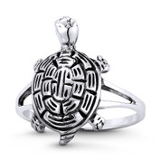 Tortoise / Turtle Spirit Animal Charm Right-Hand Stackable Boho Ring in Oxidized .925 Sterling Silver - ST-FR152-SLO